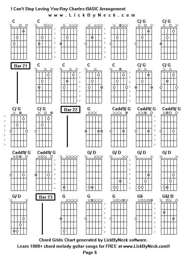 Chord Grids Chart of chord melody fingerstyle guitar song-I Can't Stop Loving You-Ray Charles-BASIC Arrangement,generated by LickByNeck software.